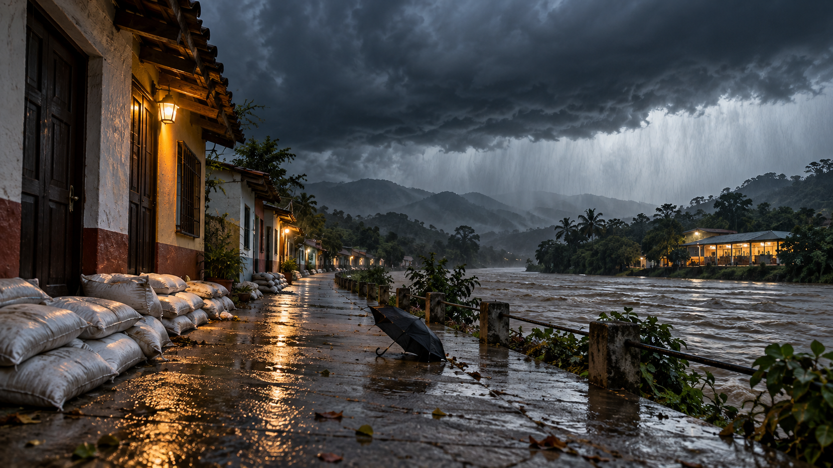 Ilustración editorial de lluvias torrenciales y un río crecido por el frente frío 2 en el sureste de México